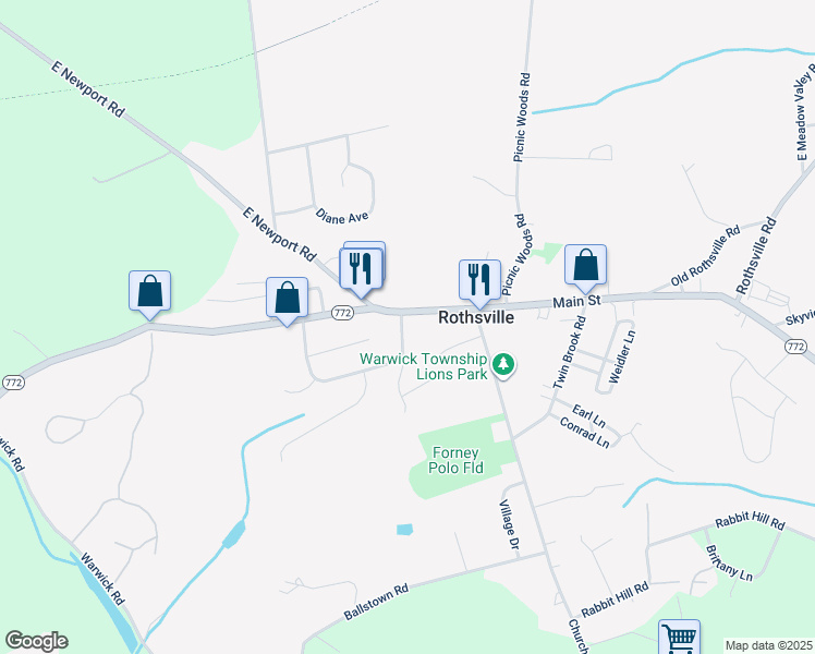 map of restaurants, bars, coffee shops, grocery stores, and more near 1 Brian Drive in Lititz