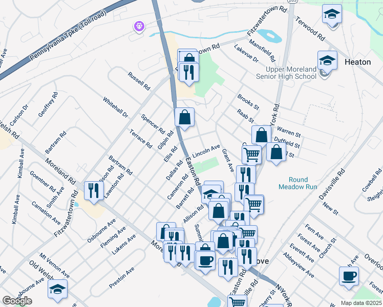 map of restaurants, bars, coffee shops, grocery stores, and more near in Willow Grove