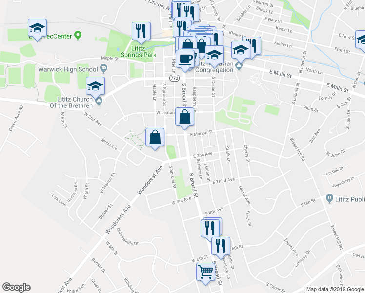map of restaurants, bars, coffee shops, grocery stores, and more near 10 West 2nd Avenue in Lititz