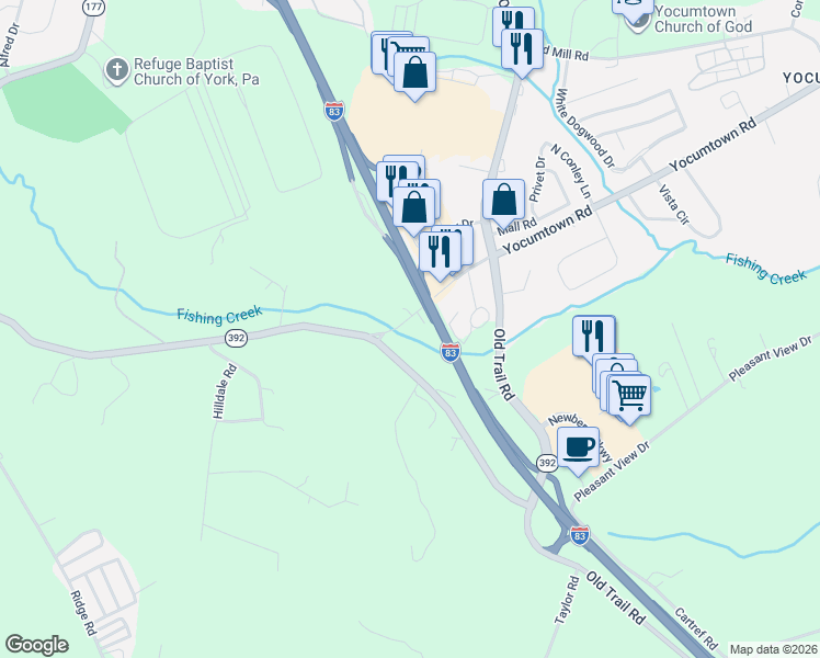 map of restaurants, bars, coffee shops, grocery stores, and more near 2055-2115 Potts Hill Road in Etters