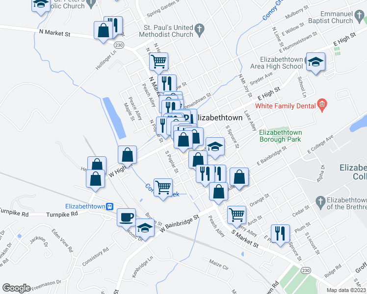map of restaurants, bars, coffee shops, grocery stores, and more near 22 South Market Street in Elizabethtown