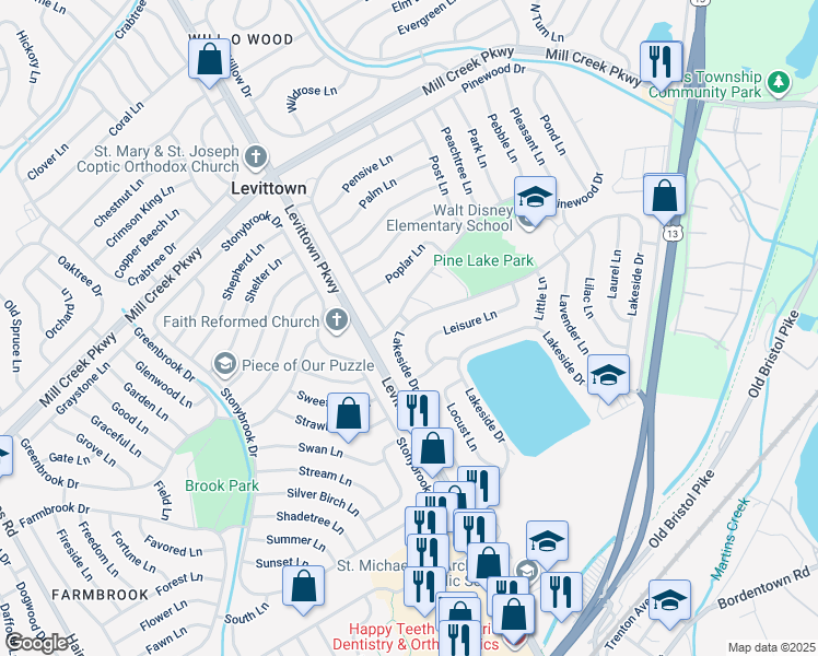 map of restaurants, bars, coffee shops, grocery stores, and more near 100 Lakeside Drive in Levittown
