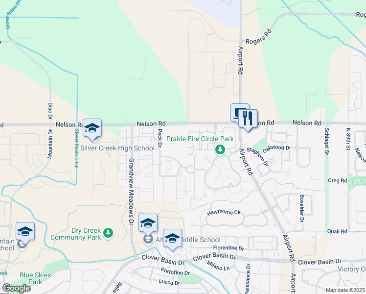 map of restaurants, bars, coffee shops, grocery stores, and more near Peck Drive in Longmont