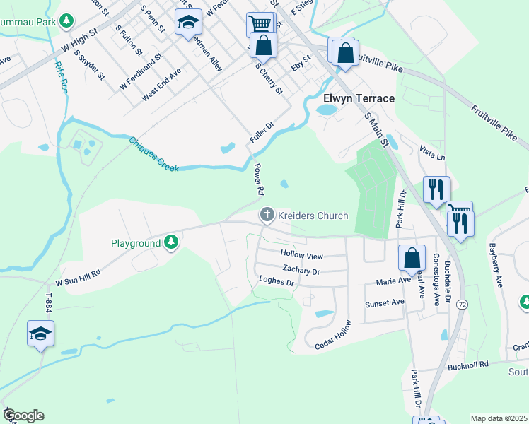 map of restaurants, bars, coffee shops, grocery stores, and more near 621 Power Road in Manheim