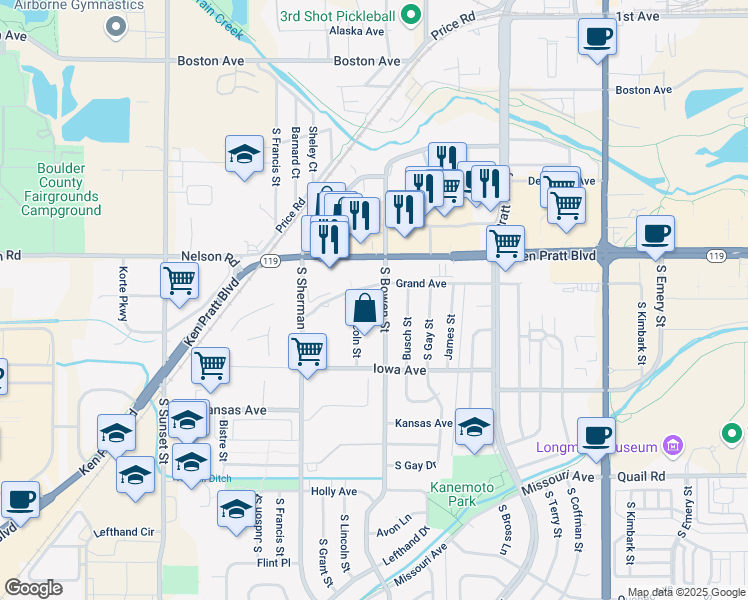 map of restaurants, bars, coffee shops, grocery stores, and more near 741 South Bowen Street in Longmont