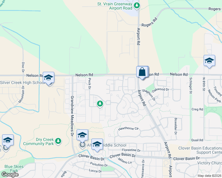 map of restaurants, bars, coffee shops, grocery stores, and more near 673 Snowberry Street in Longmont
