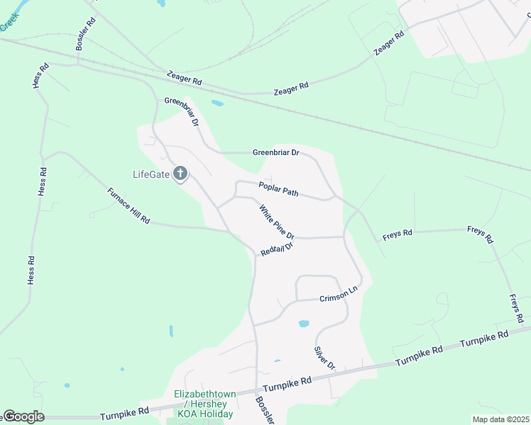 map of restaurants, bars, coffee shops, grocery stores, and more near 6075 Hickory Lane in Elizabethtown