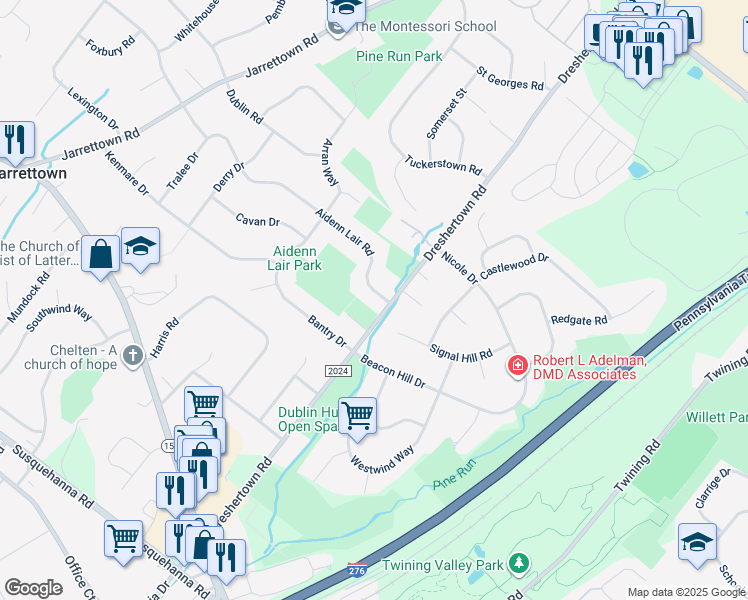 map of restaurants, bars, coffee shops, grocery stores, and more near 1745 Aidenn Lair Road in Dresher