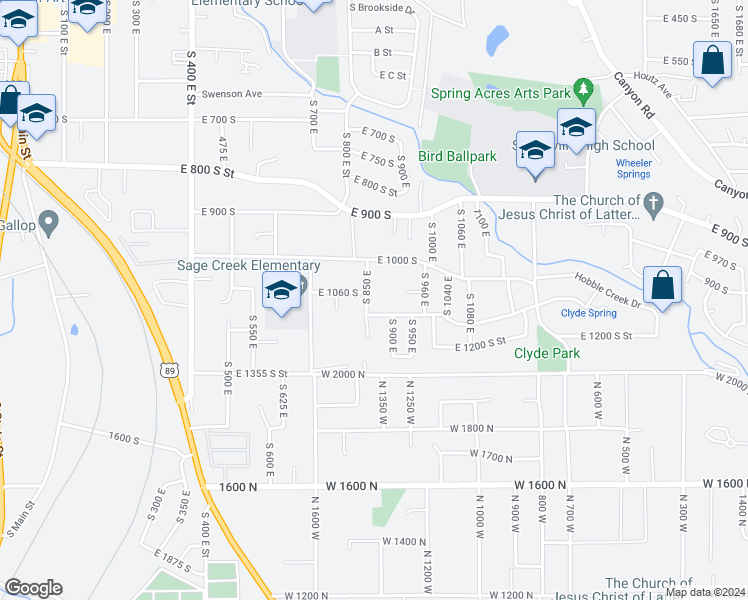 map of restaurants, bars, coffee shops, grocery stores, and more near 1095 South 850 East in Springville