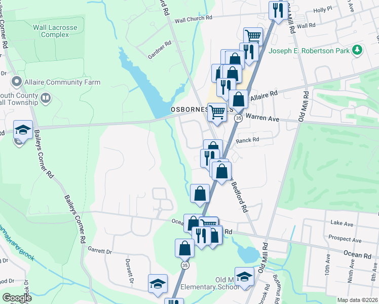 map of restaurants, bars, coffee shops, grocery stores, and more near 56 South Manor Court in Monmouth County