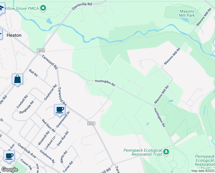 map of restaurants, bars, coffee shops, grocery stores, and more near 2160 Huntingdon Road in Montgomery County