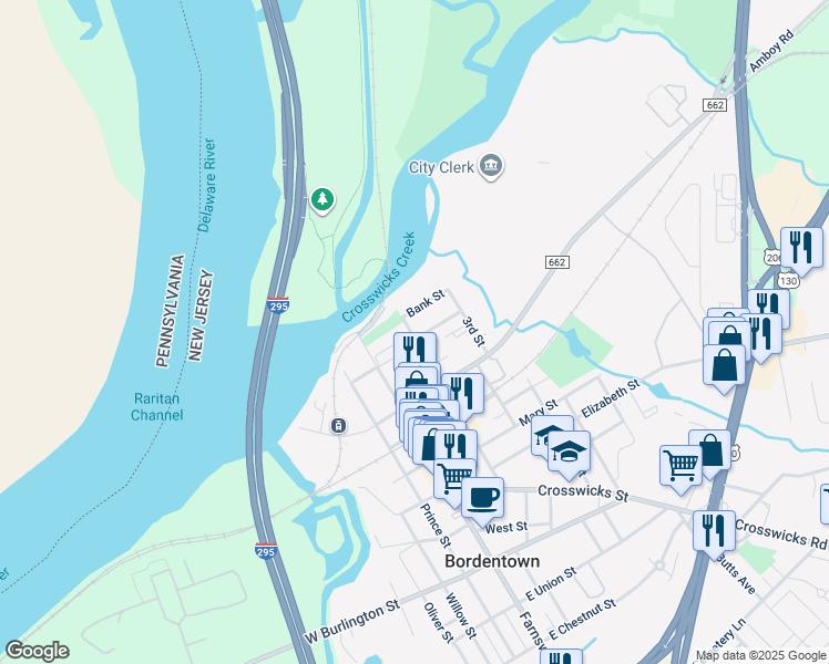 map of restaurants, bars, coffee shops, grocery stores, and more near 17 2nd Street in Bordentown