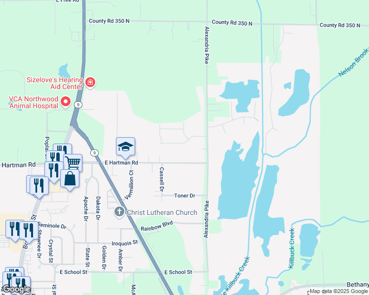 map of restaurants, bars, coffee shops, grocery stores, and more near 442 East Hartman Road in Anderson