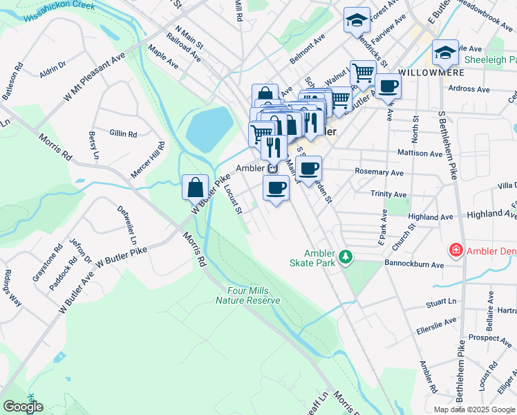 map of restaurants, bars, coffee shops, grocery stores, and more near 169 South Chestnut Street in Ambler