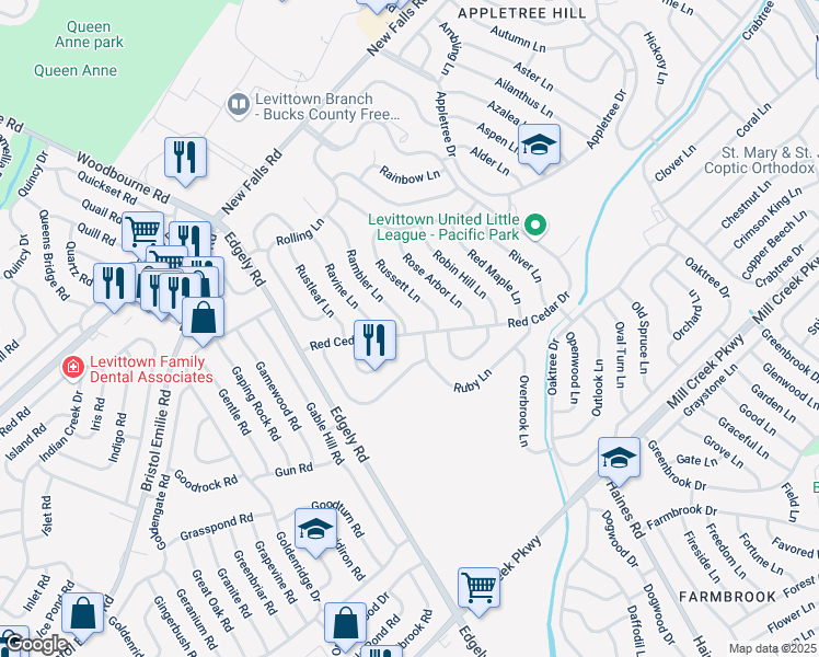 map of restaurants, bars, coffee shops, grocery stores, and more near 6 Rambler Lane in Levittown
