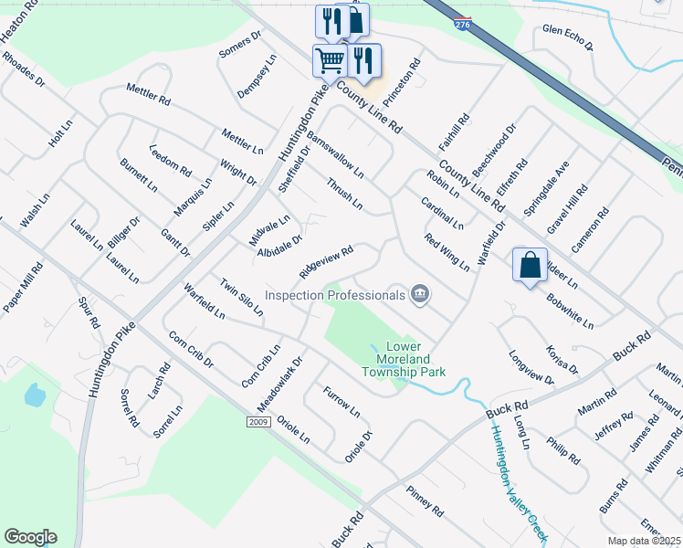 map of restaurants, bars, coffee shops, grocery stores, and more near 3778 Wheatsheaf Road in Huntingdon Valley