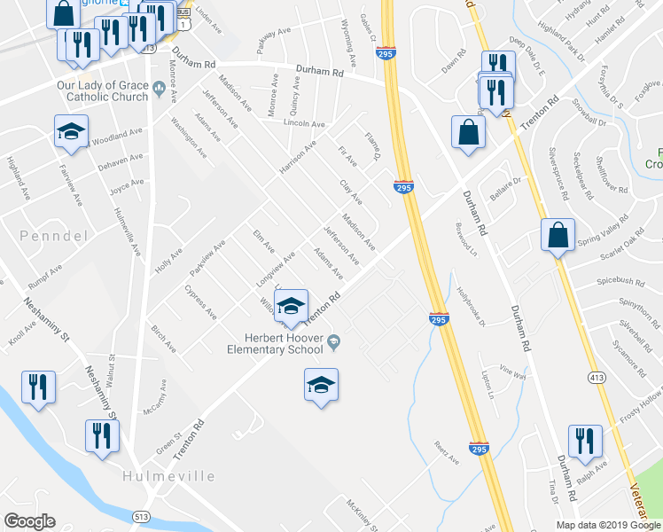 map of restaurants, bars, coffee shops, grocery stores, and more near 901 Adams Avenue in Langhorne