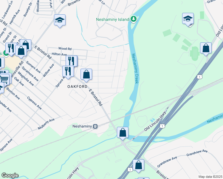 map of restaurants, bars, coffee shops, grocery stores, and more near 1255 Clayton Avenue in Bucks County