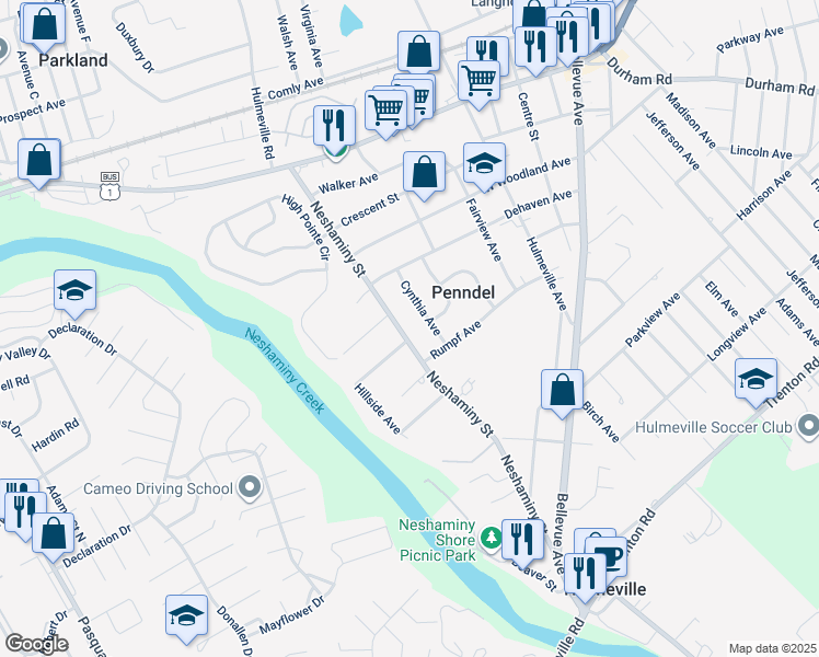 map of restaurants, bars, coffee shops, grocery stores, and more near 532 Neshaminy Street in Penndel