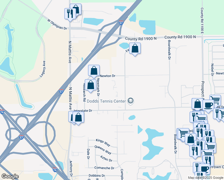 map of restaurants, bars, coffee shops, grocery stores, and more near 2902 Newmark Drive in Champaign
