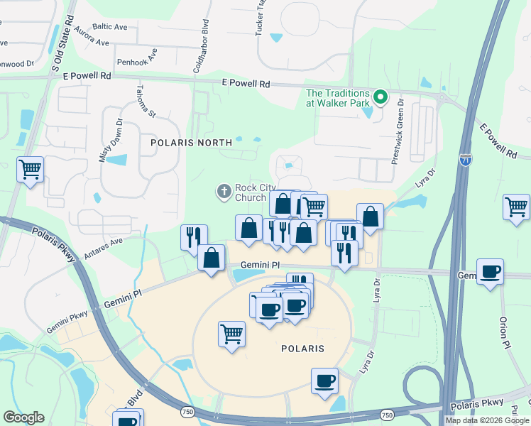map of restaurants, bars, coffee shops, grocery stores, and more near 8944 Quantum Square Drive in Columbus
