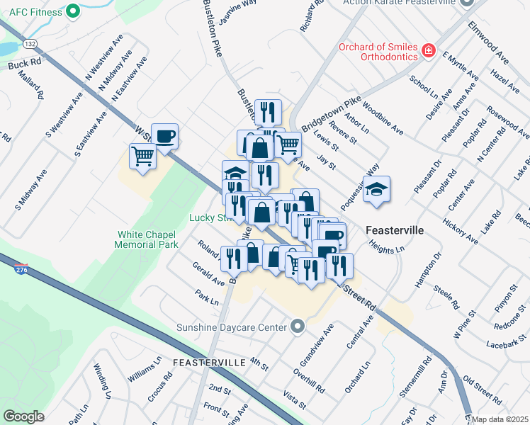 map of restaurants, bars, coffee shops, grocery stores, and more near 10 East Street Road in Feasterville-Trevose