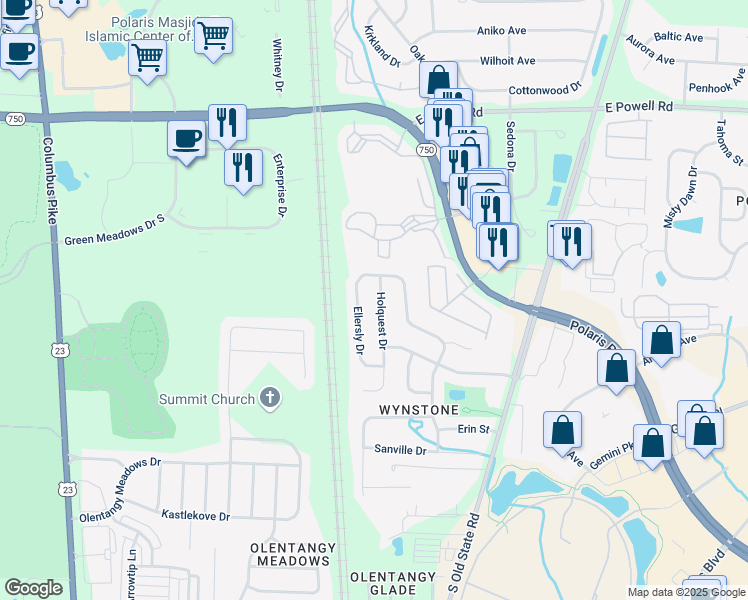 map of restaurants, bars, coffee shops, grocery stores, and more near 9076 Holquest Drive in Lewis Center