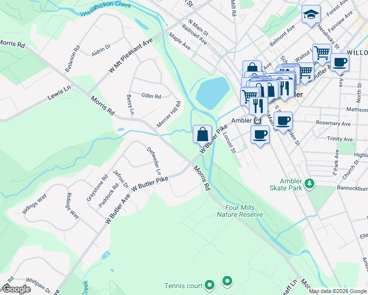 map of restaurants, bars, coffee shops, grocery stores, and more near 33 Morris Rd in Ambler