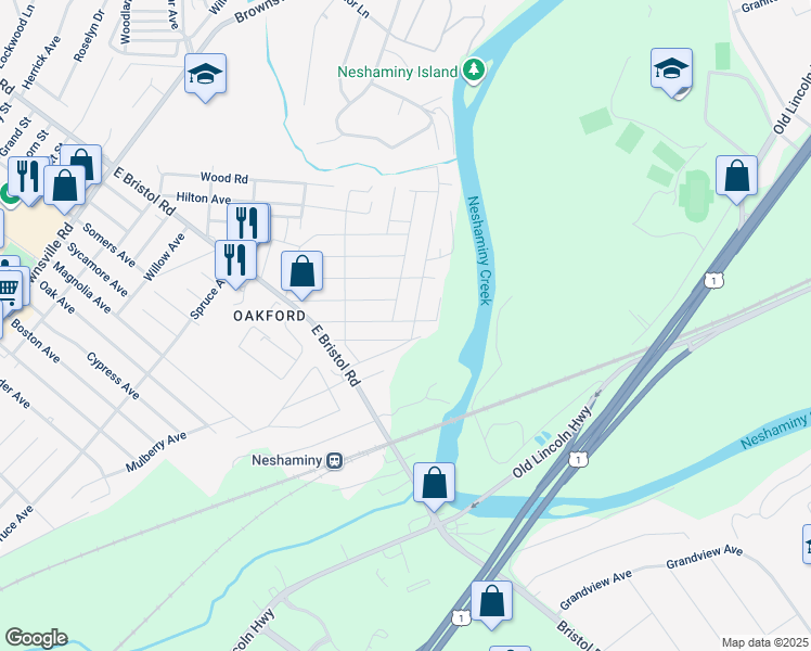 map of restaurants, bars, coffee shops, grocery stores, and more near 1255 Clayton Avenue in Bucks County