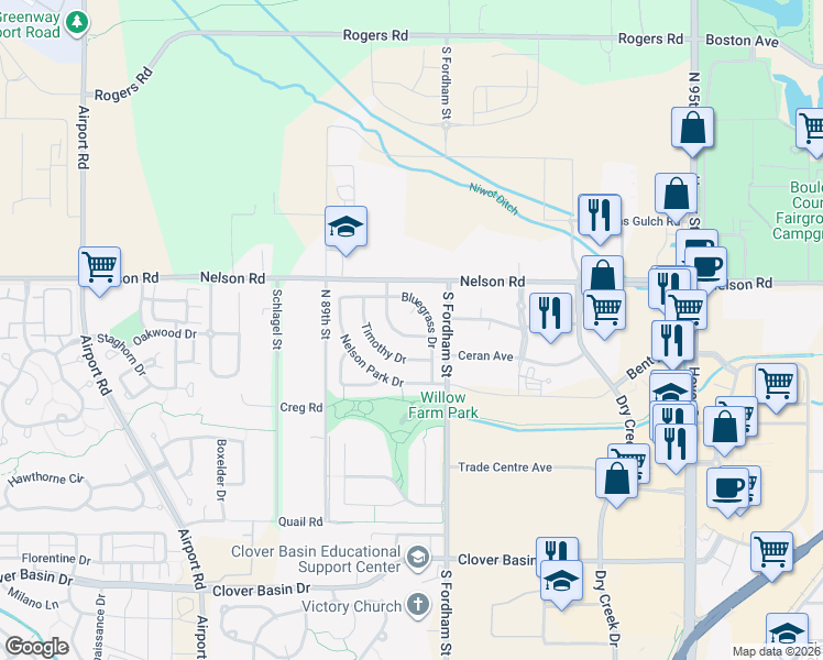 map of restaurants, bars, coffee shops, grocery stores, and more near 813 Nelson Park Lane in Longmont