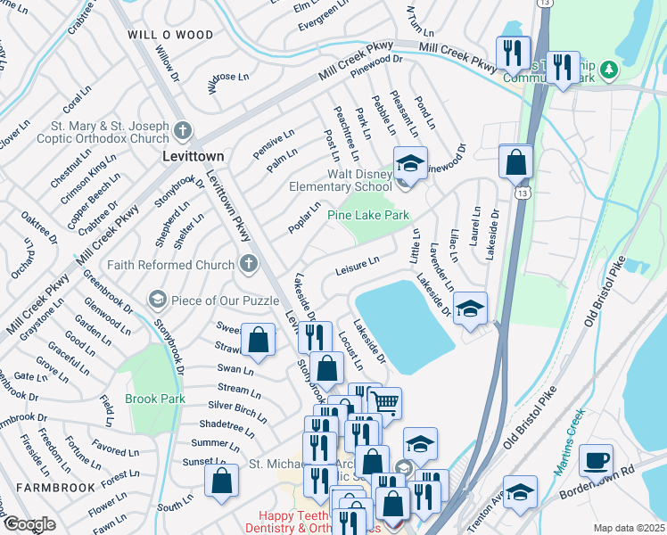 map of restaurants, bars, coffee shops, grocery stores, and more near 19 Leisure Lane in Levittown