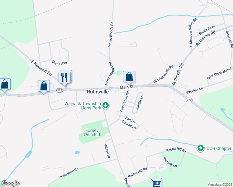 map of restaurants, bars, coffee shops, grocery stores, and more near 101 Park Lane in Lititz