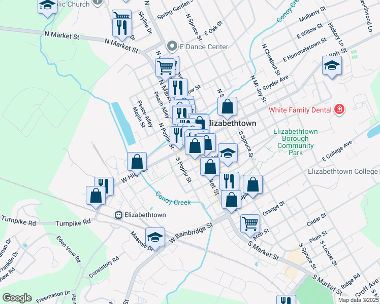 map of restaurants, bars, coffee shops, grocery stores, and more near 30 West High Street in Elizabethtown