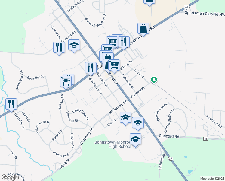map of restaurants, bars, coffee shops, grocery stores, and more near 45 West College Avenue in Johnstown
