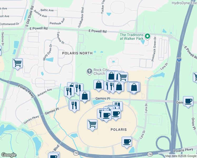 map of restaurants, bars, coffee shops, grocery stores, and more near 8968 Cobalt Moon Crossing in Columbus