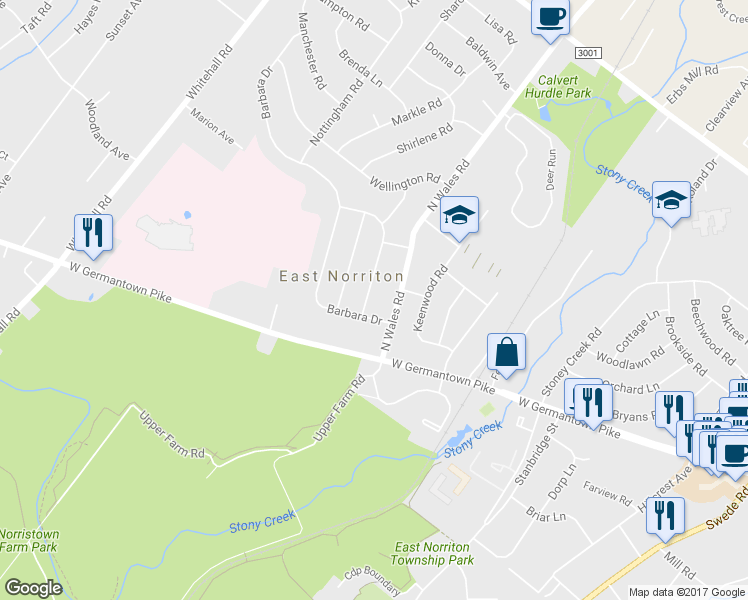 map of restaurants, bars, coffee shops, grocery stores, and more near 2916 Michele Drive in Norristown