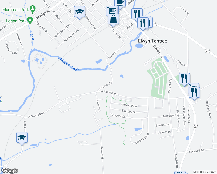 map of restaurants, bars, coffee shops, grocery stores, and more near 663 Power Road in Manheim
