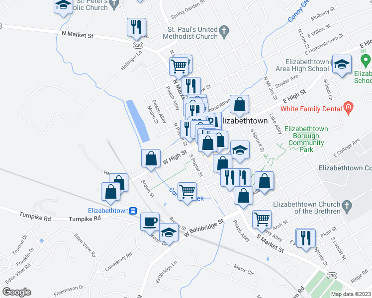 map of restaurants, bars, coffee shops, grocery stores, and more near 101 West High Street in Elizabethtown