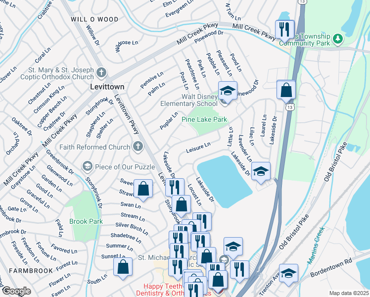 map of restaurants, bars, coffee shops, grocery stores, and more near 19 Leisure Lane in Levittown