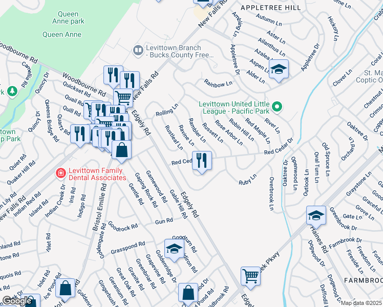 map of restaurants, bars, coffee shops, grocery stores, and more near 26 Red Cedar Drive in Levittown