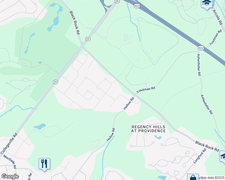 map of restaurants, bars, coffee shops, grocery stores, and more near 122 Kaitilin Way in Collegeville