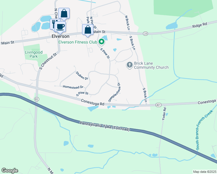 map of restaurants, bars, coffee shops, grocery stores, and more near 95 Ascot Drive in Elverson
