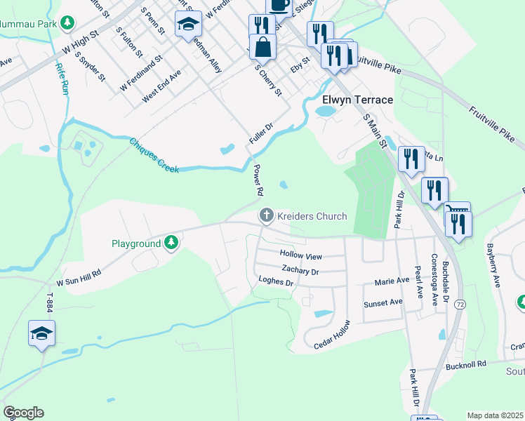 map of restaurants, bars, coffee shops, grocery stores, and more near 621 Power Road in Manheim