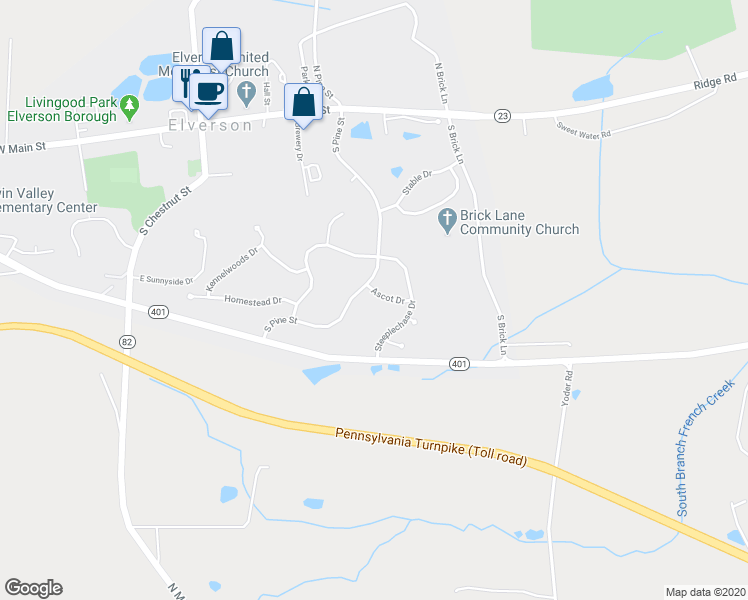 map of restaurants, bars, coffee shops, grocery stores, and more near 95 Ascot Drive in Elverson