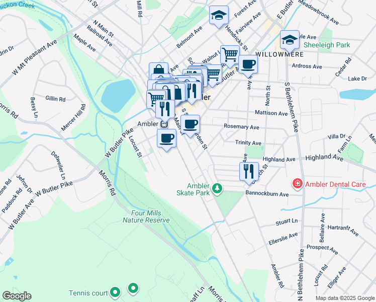 map of restaurants, bars, coffee shops, grocery stores, and more near 180 South Main Street in Ambler