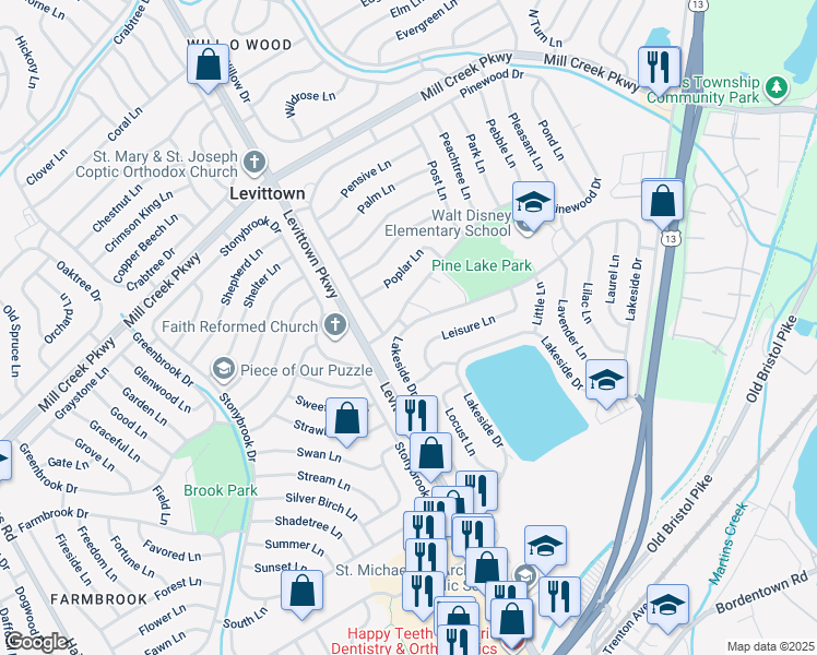 map of restaurants, bars, coffee shops, grocery stores, and more near 100 Lakeside Drive in Levittown