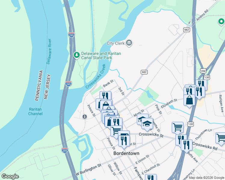 map of restaurants, bars, coffee shops, grocery stores, and more near 24 3rd Street in Bordentown