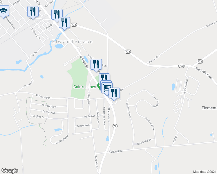 map of restaurants, bars, coffee shops, grocery stores, and more near 633 South Oak Street in Manheim