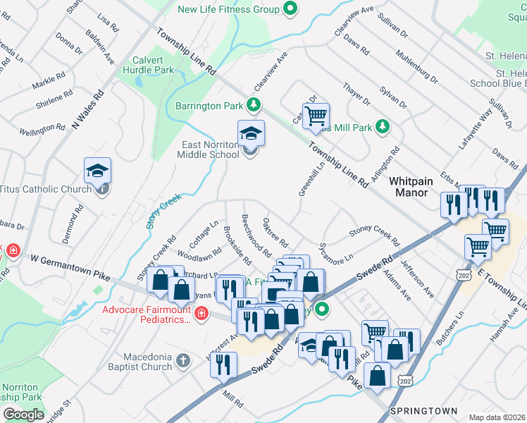 map of restaurants, bars, coffee shops, grocery stores, and more near 3032 Stoney Creek Road in East Norriton