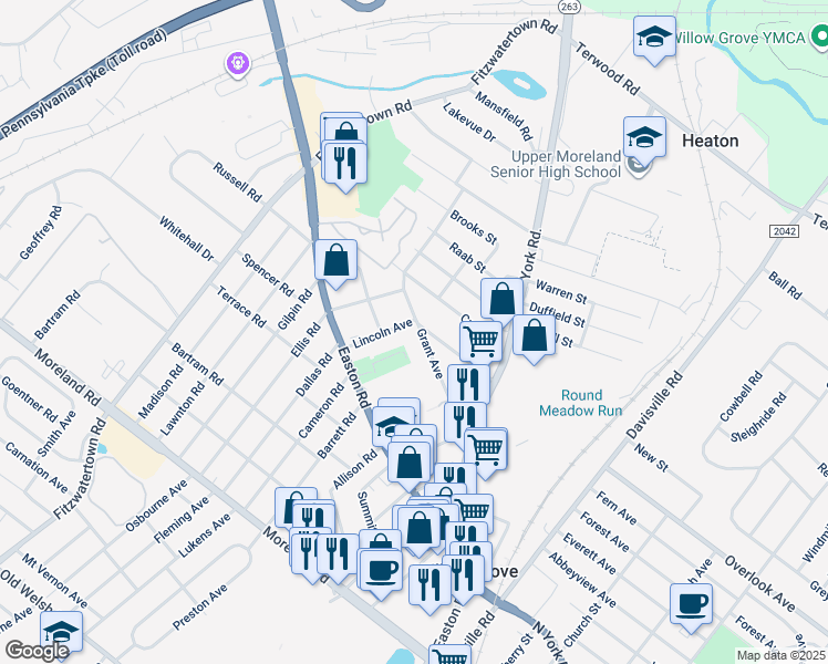 map of restaurants, bars, coffee shops, grocery stores, and more near 604 Grant Avenue in Willow Grove